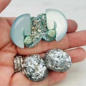 Vintage 60s Earrings Silver Confetti and Lucite Shell Glow Blue  Set of 2 MCM